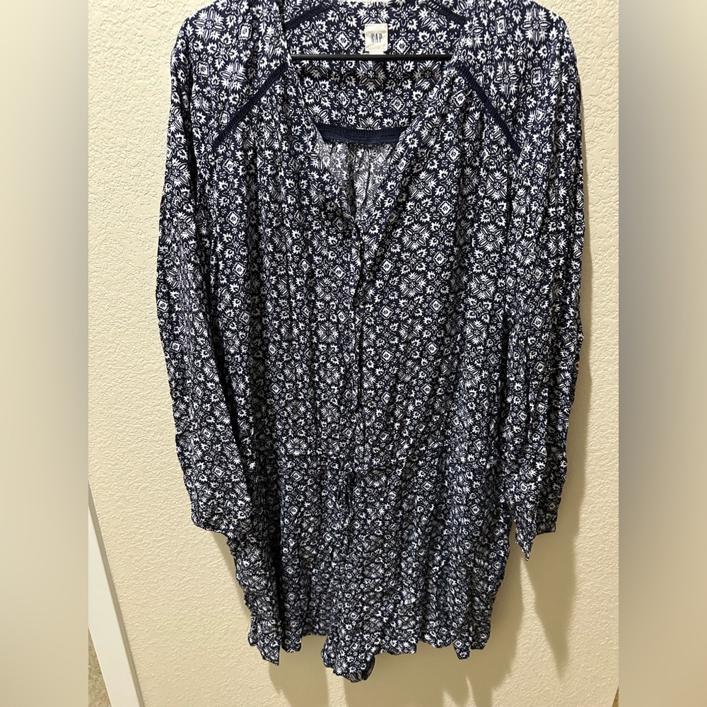 Long sleeve blue floral shirt romper